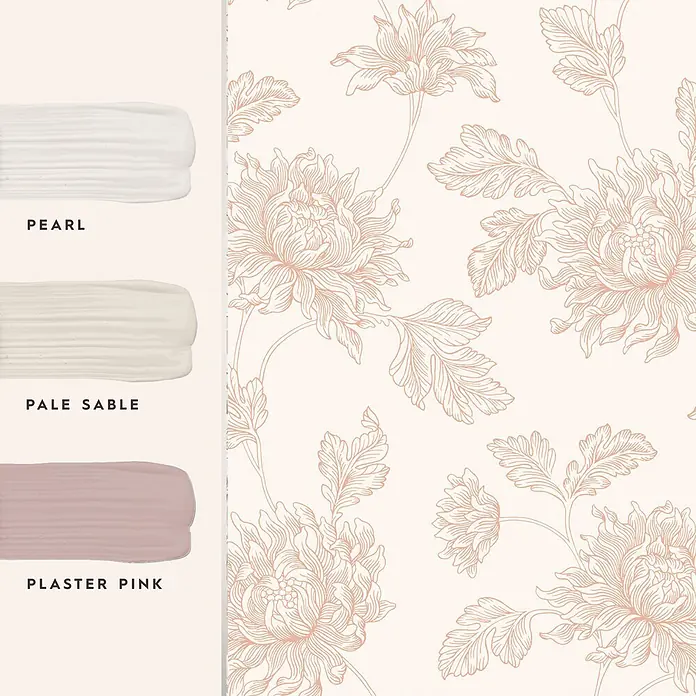 Laura Ashley Vliestapete Vliestapete Stratton - Rosa, Floral, 10 x 0,52 m - Elegante florale Tapete mit Pfirsichlinien, ergänzt durch passende Farbmuster: Pearl, Pale Sable, Plaster Pink.