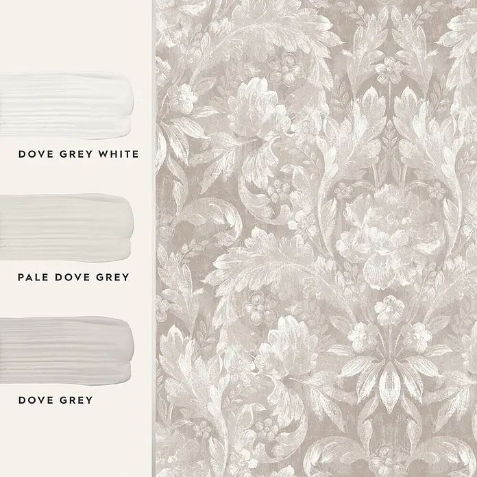 Laura Ashley Vliestapete Vliestapete Apolline - Grau, Floral, 10 x 0,52 m - Florale Damasttapete in Beige und Weiß, dazu drei passende graue Farbmuster: Dove Grey White, Pale Dove Grey und Dove Grey.