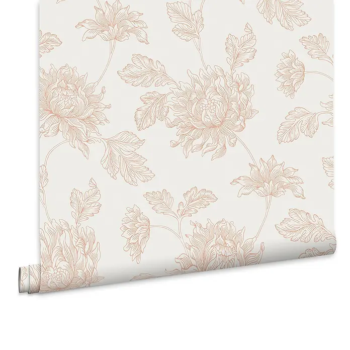 Laura Ashley Vliestapete Vliestapete Stratton - Rosa, Floral, 10 x 0,52 m - Tapetenrolle mit zartem pfirsichfarbenem Blumenmuster auf cremefarbenem Hintergrund.