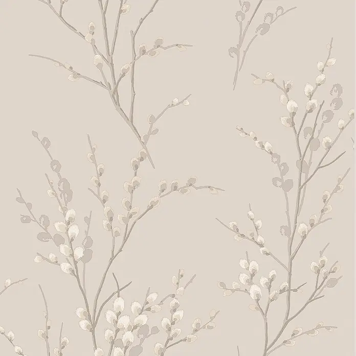 Laura Ashley Vliestapete Weidenkätzchen - Hellgrau, Floral, 1.000 x 52 cm - Tapete mit neutralem Weidenkätzchenmuster. Helle Äste und cremefarbene Kätzchen.