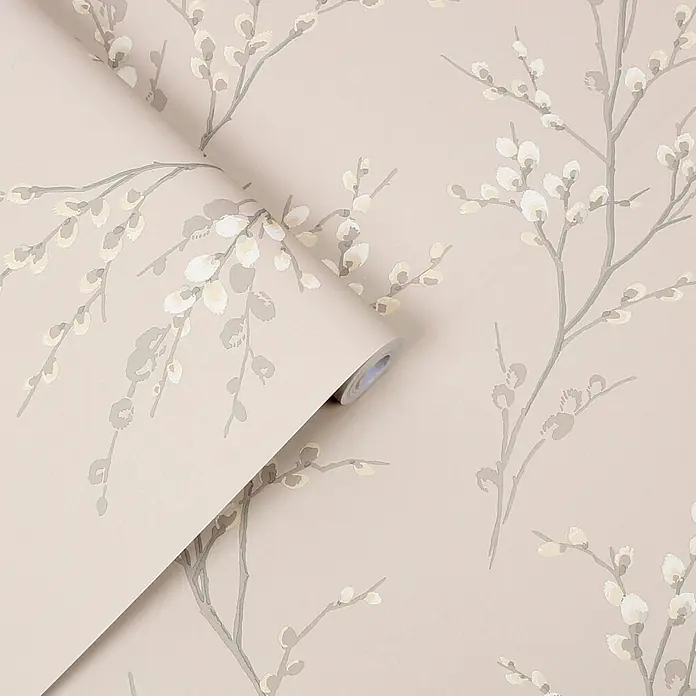 Laura Ashley Vliestapete Weidenkätzchen - Hellgrau, Floral, 1.000 x 52 cm - Tapete mit Weidenkätzchenmuster in Hellbeige und Grau.