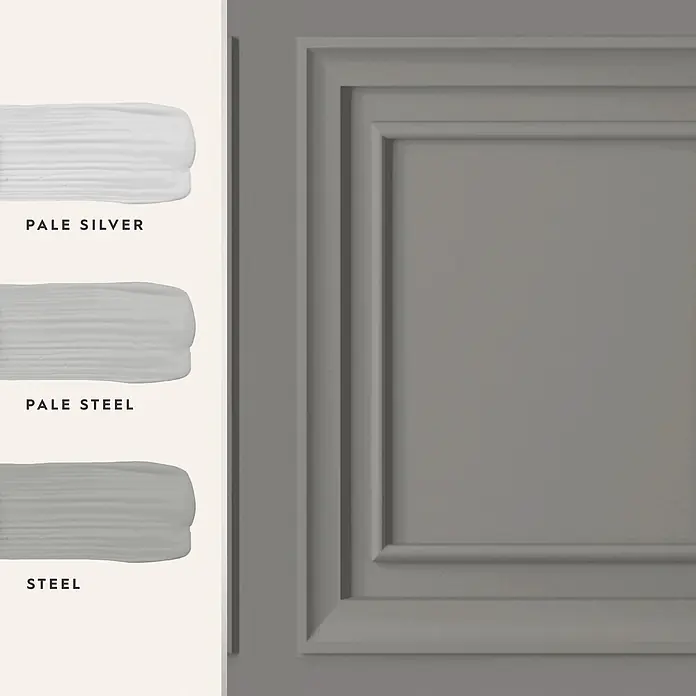 Laura Ashley Vliestapete Redbrook Holzplatte - Grau, Holzoptik, 1.000 x 52 cm - Drei graue Farbmuster: Pale Silver, Pale Steel, Steel, präsentiert mit einer passenden grauen Zierleiste.