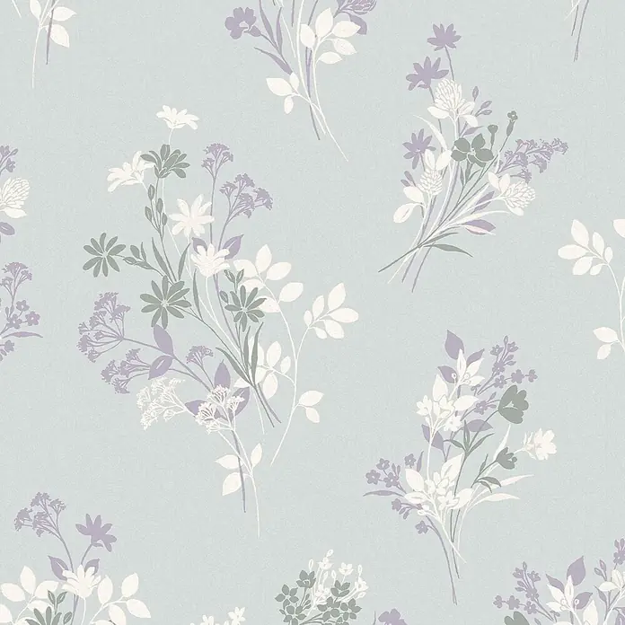 Laura Ashley Vliestapete Igerna Wiesenkerbel - Blau, Floral, 1.000 x 52 cm - Nahtloses Muster mit Sträußen aus weißen, graugrünen und lavendelfarbenen Blumen auf hellblauem strukturiertem Hintergrund.