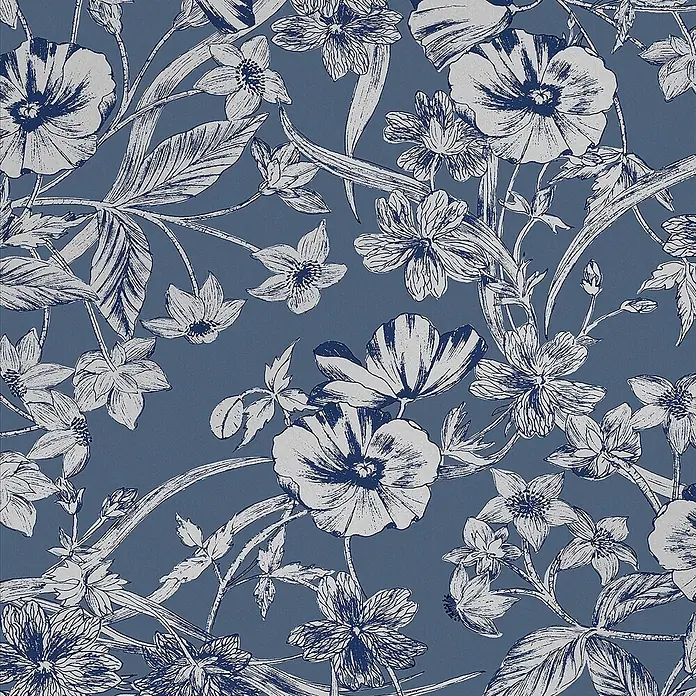 Laura Ashley Vliestapete Sommerhügel - Blau, Floral, 1.000 x 52 cm - Nahtloses blau-weißes Blumenmuster im handgezeichneten Stil, mit verschiedenen Blumen und Blättern.