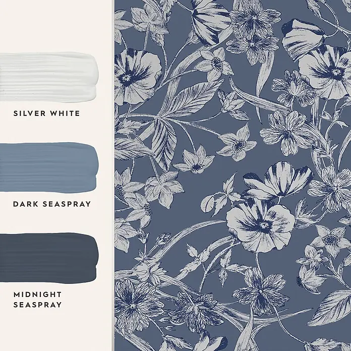 Laura Ashley Vliestapete Sommerhügel - Blau, Floral, 1.000 x 52 cm - Drei Farbmuster: Silver White, Dark Seaspray und Midnight Seaspray, kombiniert mit einem blau-weißen Blumen-Tapetenmuster.