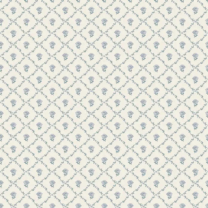 Laura Ashley Vliestapete Kate Gitterstruktur - Hellblau, Floral, 1.000 x 52 cm - Florales Muster mit blauen Blumen in einem rautenförmigen Gitter aus grünen Ranken auf hellbeigem Hintergrund.