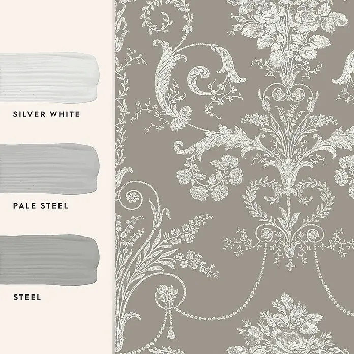 Laura Ashley Vliestapete Vliestapete Josette Damast - Grau, Ornament, 10 x 0,52 m - Drei Grautöne (Silver White, Pale Steel, Steel) als Farbmuster neben taupefarbener Tapete mit floralem Damastmuster in Off-White.