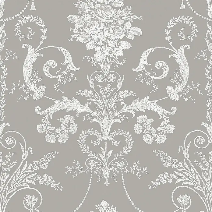 Laura Ashley Vliestapete Vliestapete Josette Damast - Grau, Ornament, 10 x 0,52 m - Graue Tapete mit distressed weißem floralem, Akanthus- und Perlen-Damastmuster.