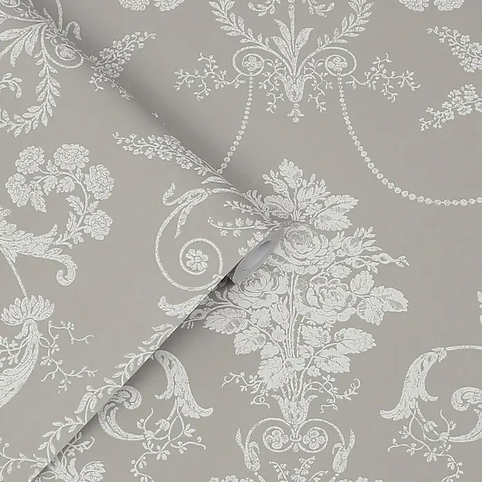 Laura Ashley Vliestapete Vliestapete Josette Damast - Grau, Ornament, 10 x 0,52 m - Hellgraue Tapetenrolle mit elegantem weißem floralem Damastmuster.