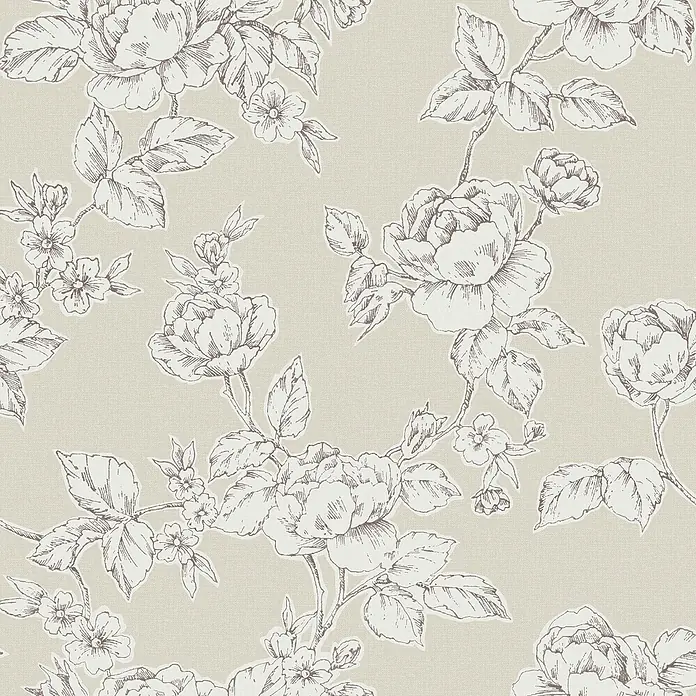 Laura Ashley Vliestapete Pollington Rosen - Naturbelassen, Floral, 1.000 x 52 cm - Elegantes Blumenmuster auf beigem strukturiertem Hintergrund mit skizzierten weiß-braun umrandeten Rosen und kleinen Blüten.