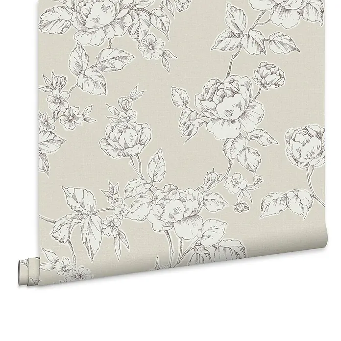 Laura Ashley Vliestapete Pollington Rosen - Naturbelassen, Floral, 1.000 x 52 cm - Gerollte beigefarbene Tapete mit feiner Textur und elegantem braunem floralem Umrissmuster aus Rosen.