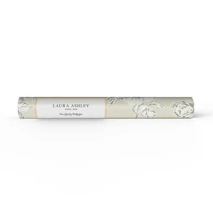 Laura Ashley Vliestapete Pollington Rosen - Naturbelassen, Floral, 1.000 x 52 cm - Eine Rolle Laura Ashley Tapete von feiner Qualität mit beigem Hintergrund und braun umrandetem Blumenmuster.