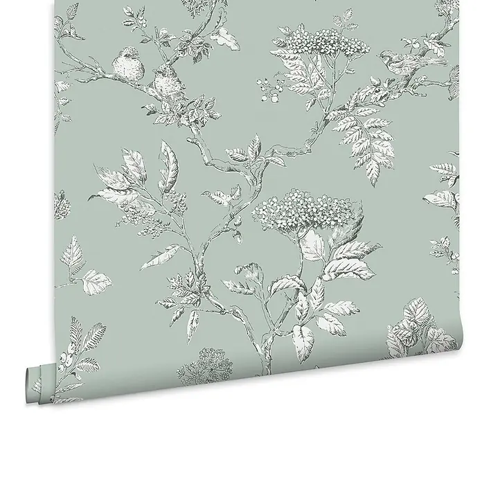 Laura Ashley Vliestapete Vliestapete Elderwood - Blau, Floral, 10 x 0,52 m - Rolle hellgrüner Tapete mit weißem Blumen- und Vogelmuster.