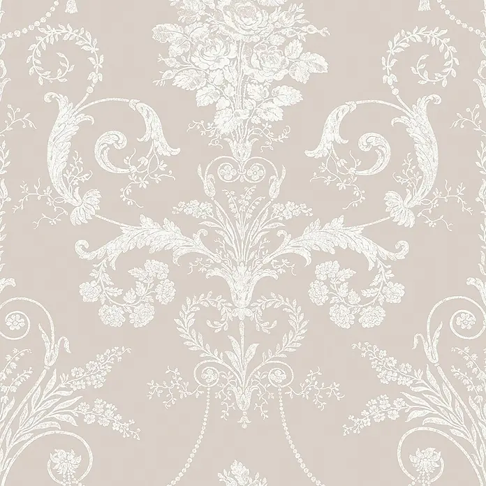 Laura Ashley Vliestapete Vliestapete Josette Damast - Hellgrau/Weiß, Ornament - Weiße, opulente florale Damasttapete.