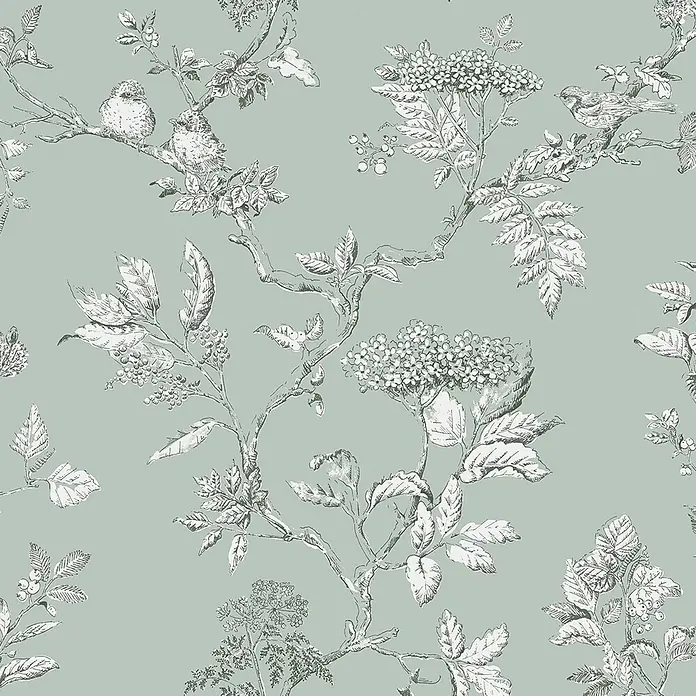Laura Ashley Vliestapete Vliestapete Elderwood - Blau, Floral, 10 x 0,52 m - Nahtloses Muster mit Vögeln auf Ästen, Blättern und Beeren, im detaillierten Skizzenstil.