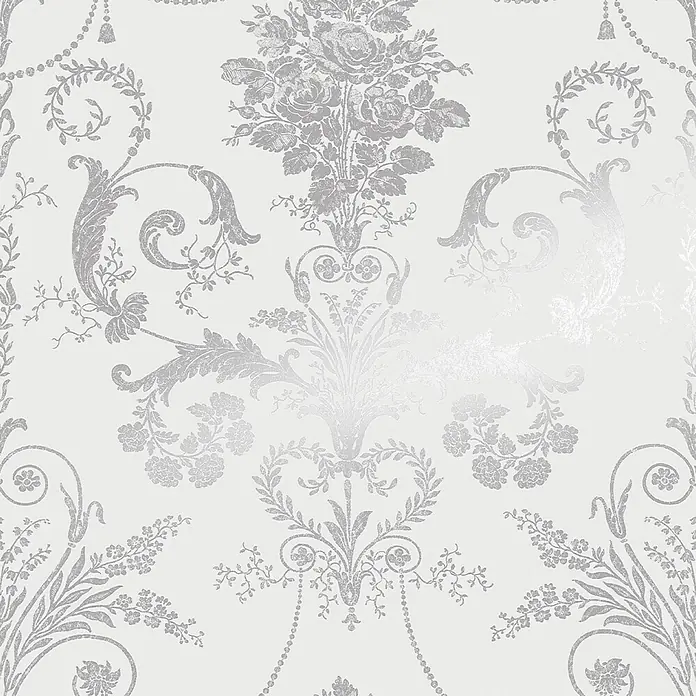 Laura Ashley Vliestapete Josette Damast - Silber, Ornament, 1.000 x 52 cm - Silberfarbene Damast-Tapete mit Blumen- und Rankenmuster.