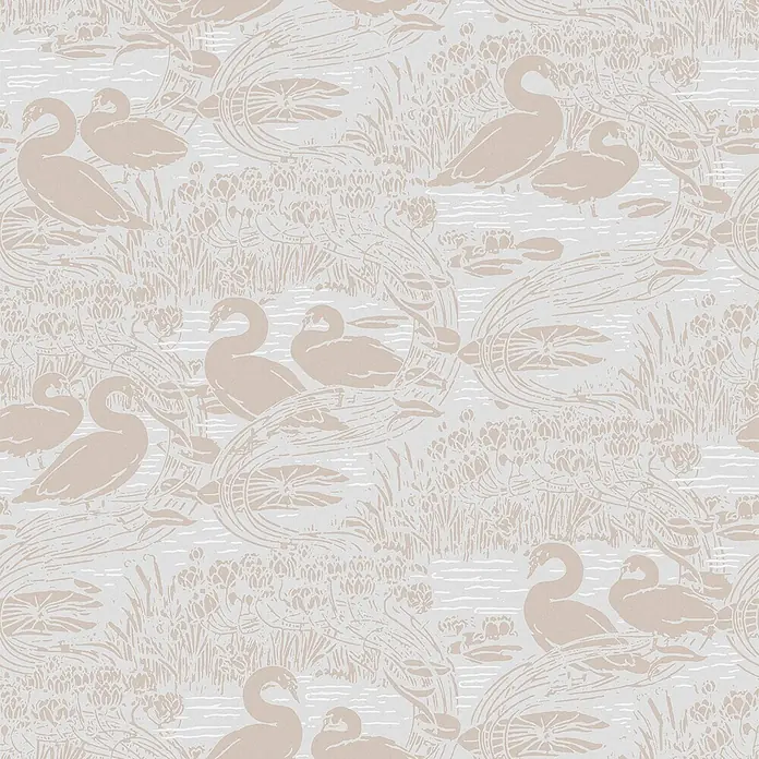 Laura Ashley Vliestapete Swans - Grau, Tieroptik, 1.000 x 52 cm - Nahtlose hellgraue Tapete mit beigem Muster aus Schwänen, Seerosen und Wasserpflanzen.