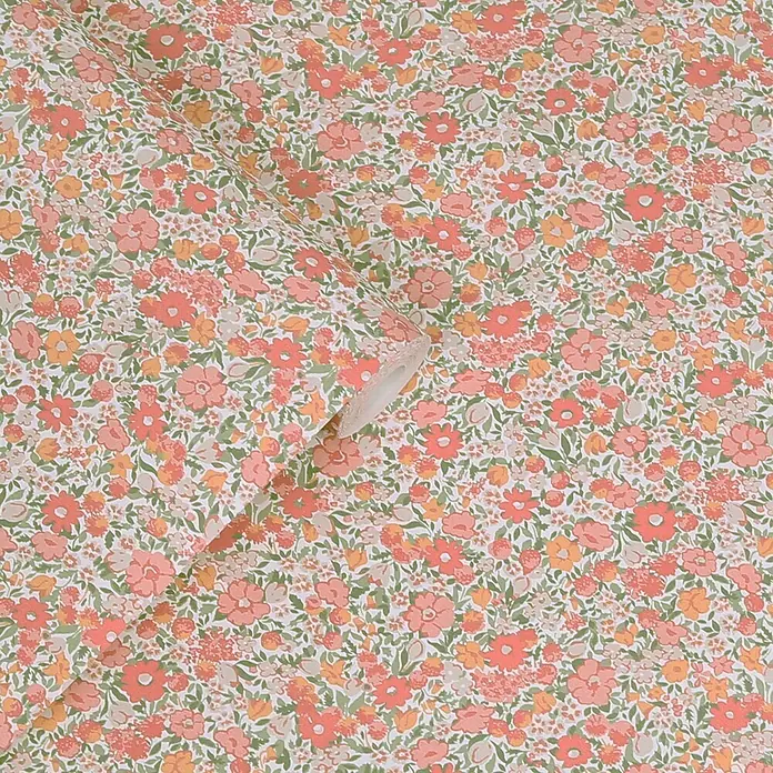 Laura Ashley Vliestapete Vliestapete Loveston Chrysanthemen - Rosa, Floral, 10 x 0,52 m - Florale Tapete mit kleinen korallfarbenen, pfirsichfarbenen, orangen und grünen Blüten und Blättern.