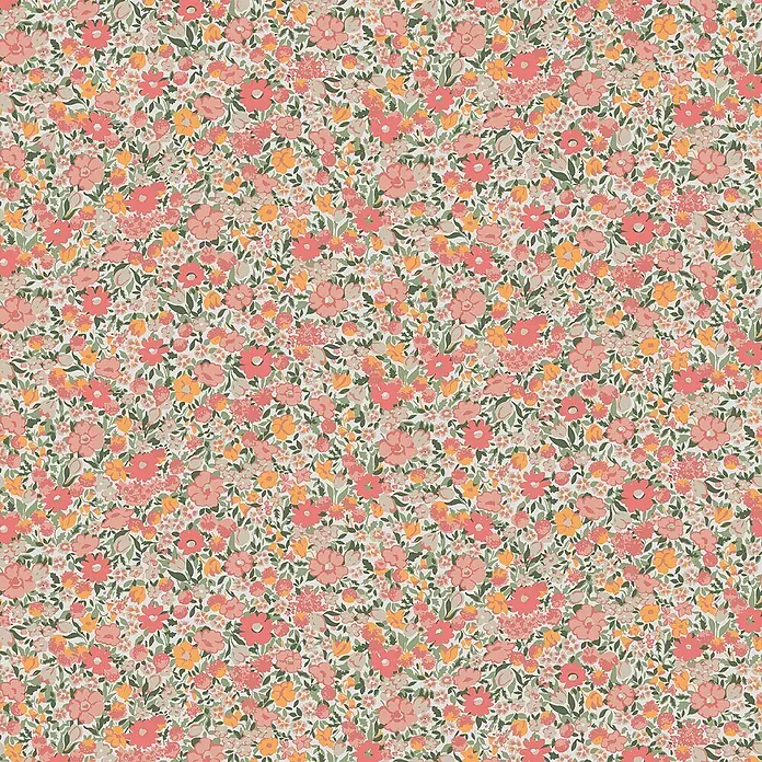 Laura Ashley Vliestapete Vliestapete Loveston Chrysanthemen - Rosa, Floral, 10 x 0,52 m - Nahtloses Blumenmuster mit kleinen, dichten Blüten in Rosa, Koralle, Orange, Gelb und grünen Blättern.