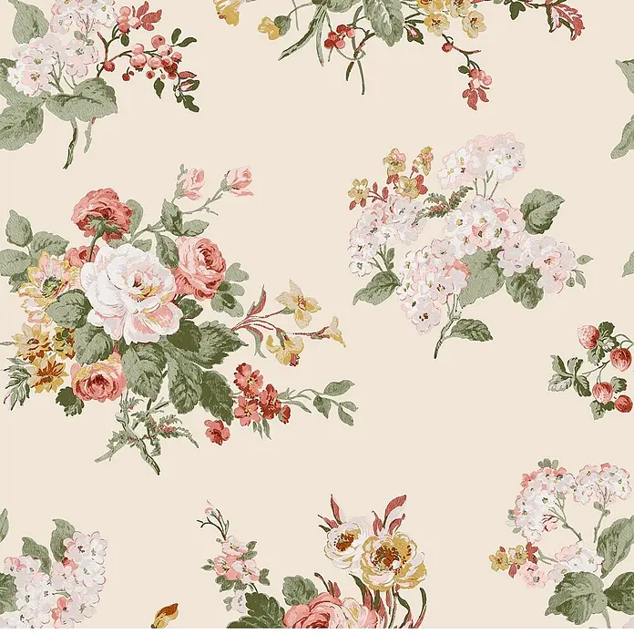 Laura Ashley Vliestapete Rosemore - Mehrfarbig, Floral, 1.000 x 52 cm - Ein nahtloses Blumenmuster mit Rosen, Hortensien, Beeren und Blättern im Vintage-Stil in gedämpften Rosa-, Weiß-, Gelb-, Rot- und Grüntönen.
