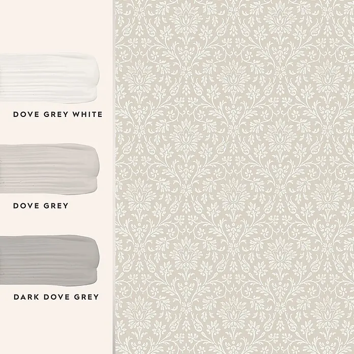 Laura Ashley Vliestapete Annecy - Hellgrau, Ornament, 1.000 x 52 cm - Florale Damasttapete in Beige und Weiß, kombiniert mit Farbmuster von Dove Grey White, Dove Grey und Dark Dove Grey.