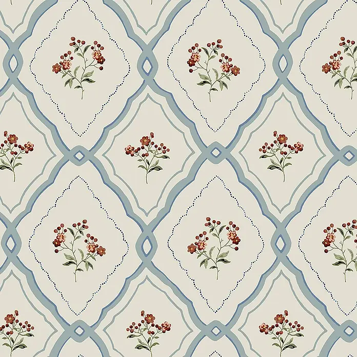 Laura Ashley Vliestapete Vliestapete Pinford Spalier - Hellblau, Floral - Nahtloses Blumenrankenmuster mit hellblauem Rautengitter und roten Blütenzweigen.