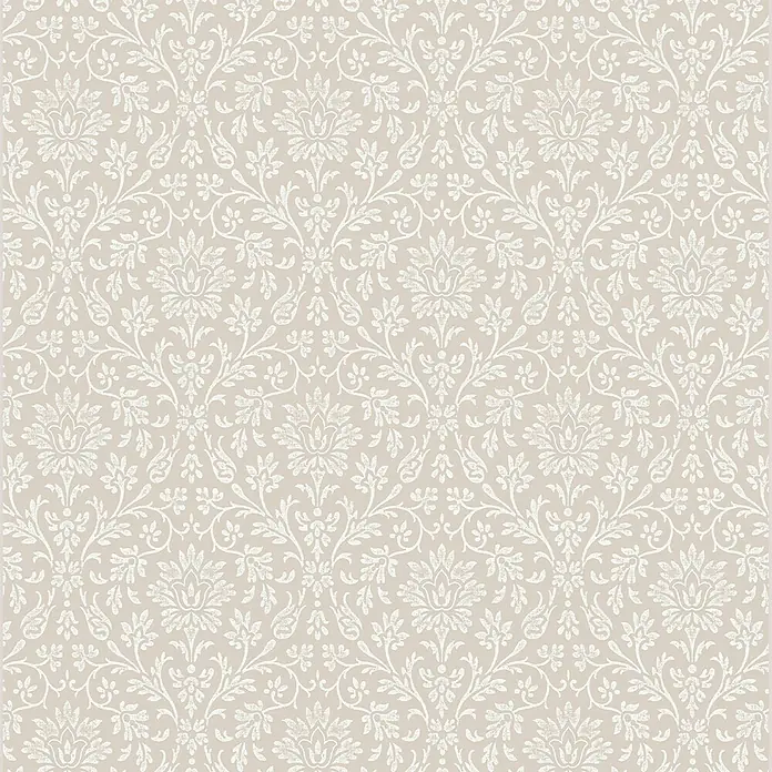 Laura Ashley Vliestapete Annecy - Hellgrau, Ornament, 1.000 x 52 cm - Nahtloses, verwaschenes cremefarbenes Damastmuster auf hellbeigem Hintergrund.
