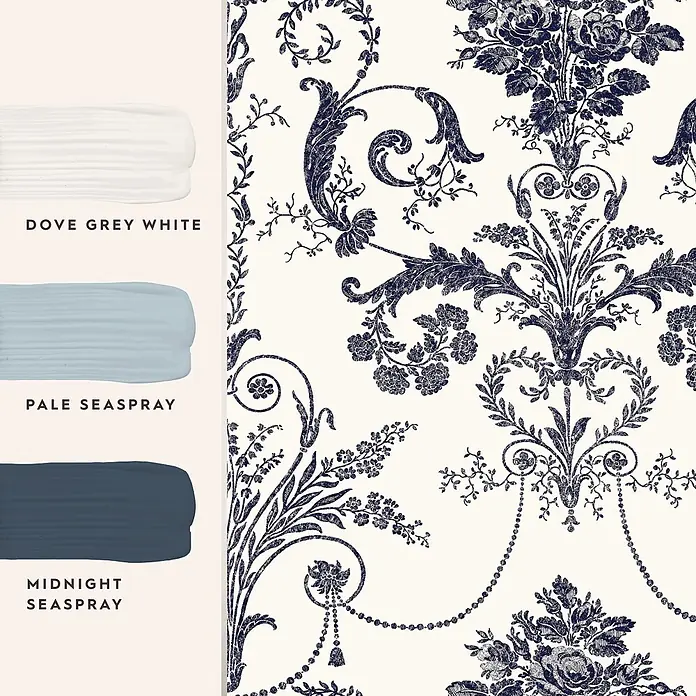 Laura Ashley Vliestapete Vliestapete Josette Damast - Dunkelblau/Weiß, Ornament, 10 x 0,52 m - Dunkelblaue, floral gemusterte Tapete und drei Farbproben: Weiß, Hellblau und Dunkelblau.