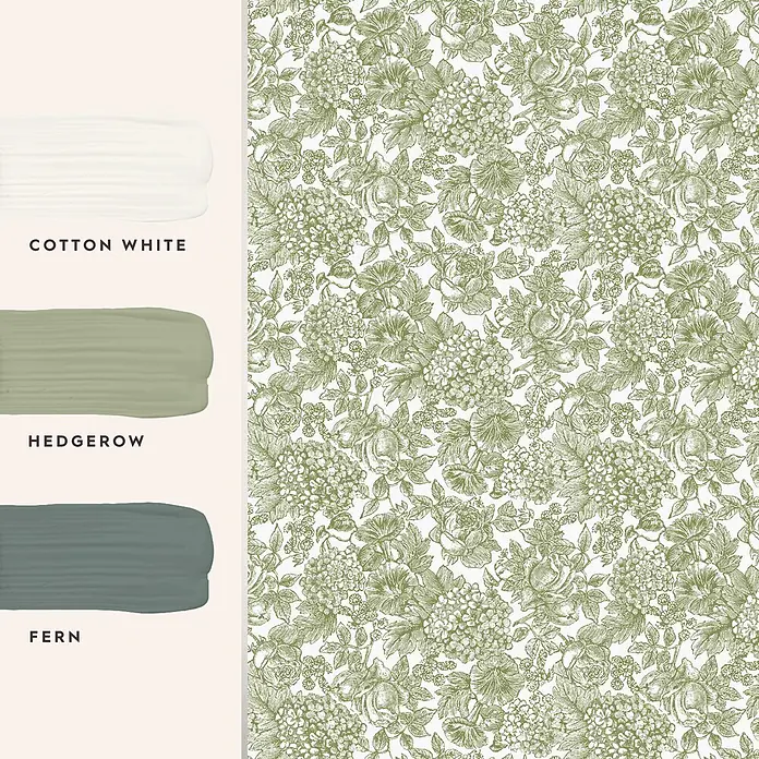 Laura Ashley Vliestapete blühende Hortensie - Grün, Floral, 1.000 x 52 cm - Grüne botanische Blumenmuster-Tapete oder -Stoff mit Hortensien und Rosen. Inklusive passender Farbmuster: Cotton White, Hedgerow, Fern.