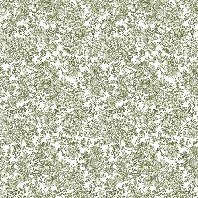 Laura Ashley Vliestapete blühende Hortensie - Grün, Floral, 1.000 x 52 cm - Nahtloses Muster aus vintage-gravierten Rosen, Hortensien und diversen Blumen in gedämpftem Grün.