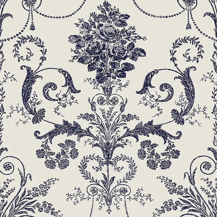 Laura Ashley Vliestapete Vliestapete Josette Damast - Dunkelblau/Weiß, Ornament, 10 x 0,52 m - Abgenutztes dunkelblaues, reich verziertes Blumen- und Rankenmuster mit Rosenstrauß für Tapete oder Stoff.