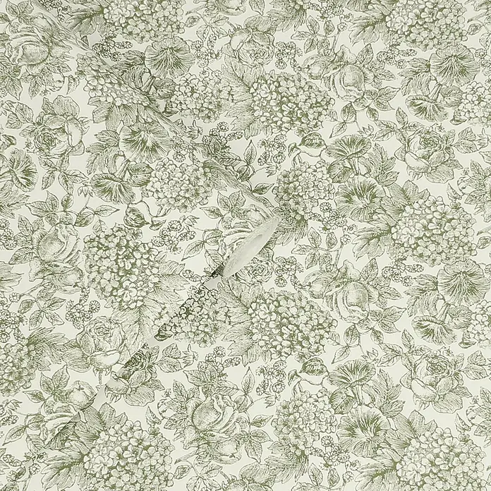 Laura Ashley Vliestapete blühende Hortensie - Grün, Floral, 1.000 x 52 cm - Grüner Stoff mit filigranem Blumenmuster, bestehend aus Rosen und Hortensien.