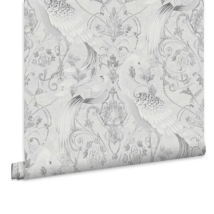 Laura Ashley Vliestapete Tregaron - Silber, Ornament, 1.000 x 52 cm - Rolle hellgrauer Tapete mit ornamentalem Silbervogel- und Damastmuster.