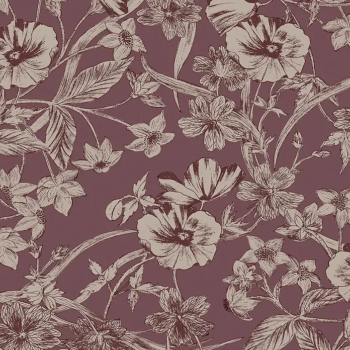 Laura Ashley Vliestapete Vliestapete Sommerhügel - Rot, Floral, 10 x 0,53 m - Detailreiches Blumenmuster auf dunklem Pflaumenhintergrund mit beigen, handgezeichneten Blumen und Blättern.