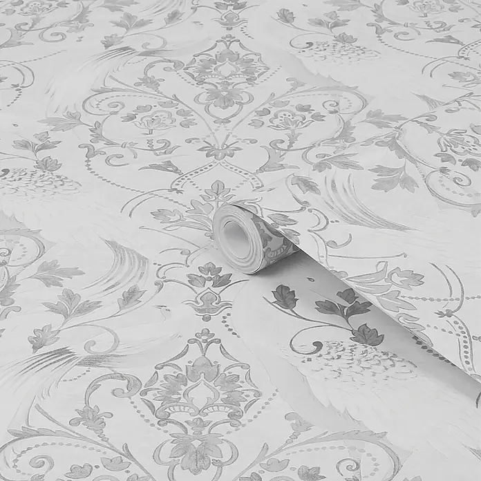 Laura Ashley Vliestapete Tregaron - Silber, Ornament, 1.000 x 52 cm - Hellgraue gemusterte Tapete mit Damast- und Vogelmotiven, ausgerollt, um das Design zu zeigen.