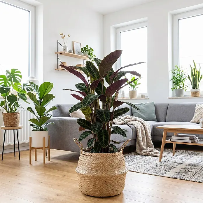 Piardino Korbmarante - Calathea Warscewiczii, Topfgröße: 27 cm - Eine große Zimmerpflanze mit dunkelgrünen und violetten Blättern in einem geflochtenen Korb auf Holzboden im Wohnzimmer.
