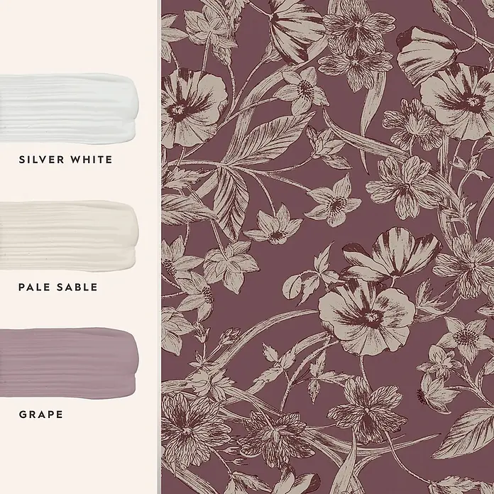 Laura Ashley Vliestapete Vliestapete Sommerhügel - Rot, Floral, 10 x 0,53 m - Florale Tapete in Dunkelviolett mit hellen Umrissen, kombiniert mit silberweißen, hellsands und traubenfarbenen Farbmustern.