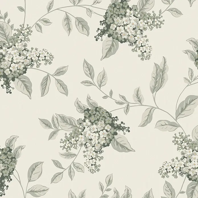 Laura Ashley Vliestapete Vliestapete Portland - Grün, Ornament, 10 x 0,52 m - Cremefarbene florale Tapete mit salbeigrünen Blättern und weißen Blüten.
