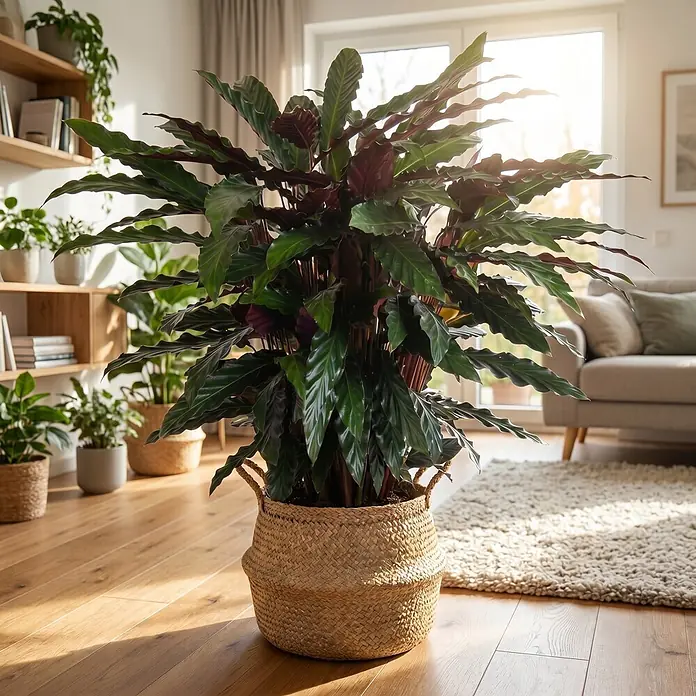 Piardino Korbmarante - Calathea rufibarba, Topfgröße: 27 cm - Große Zimmerpflanze mit dunkelgrünen, gekräuselten Blättern und rötlichen Unterseiten, in einem gewebten Strohkorb, auf Holzfußboden in einem sonnigen Raum.