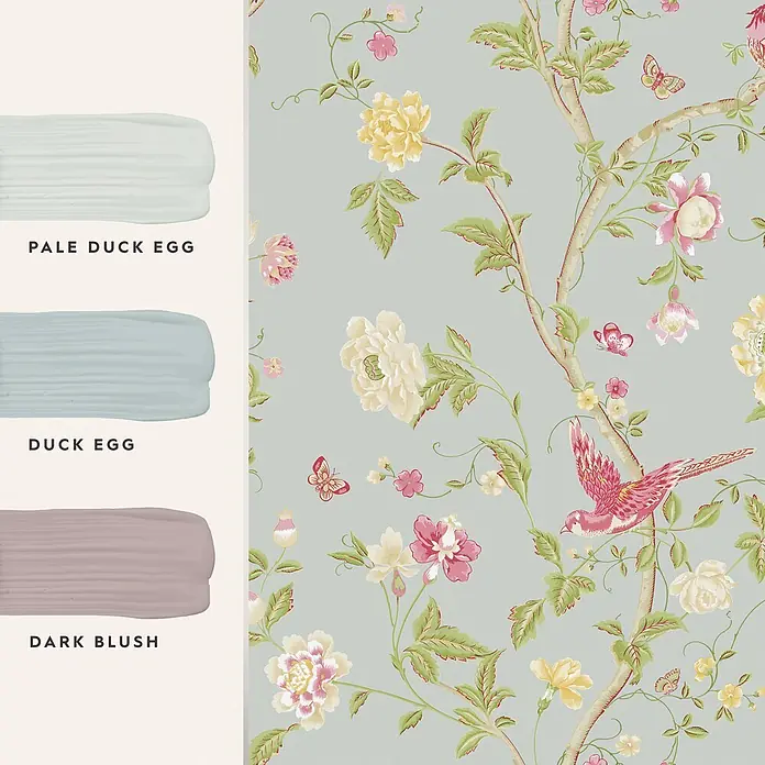 Laura Ashley Vliestapete Vliestapete Sommerpalast - Blau, Floral, 10 x 0,52 m - Chinoiserie Tapete mit Vogel und Blumen, dazu passende hellblaue, blaue und rosafarbene Farbmuster.