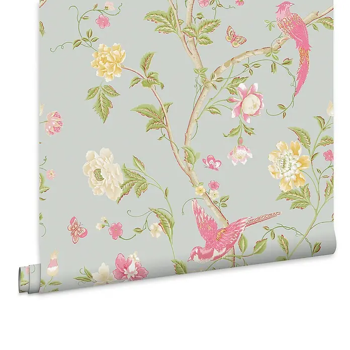 Laura Ashley Vliestapete Vliestapete Sommerpalast - Blau, Floral, 10 x 0,52 m - Tapetenrolle mit Chinoiserie-Muster, pinken Vögeln und Blumen auf hellblau-grünem Grund.
