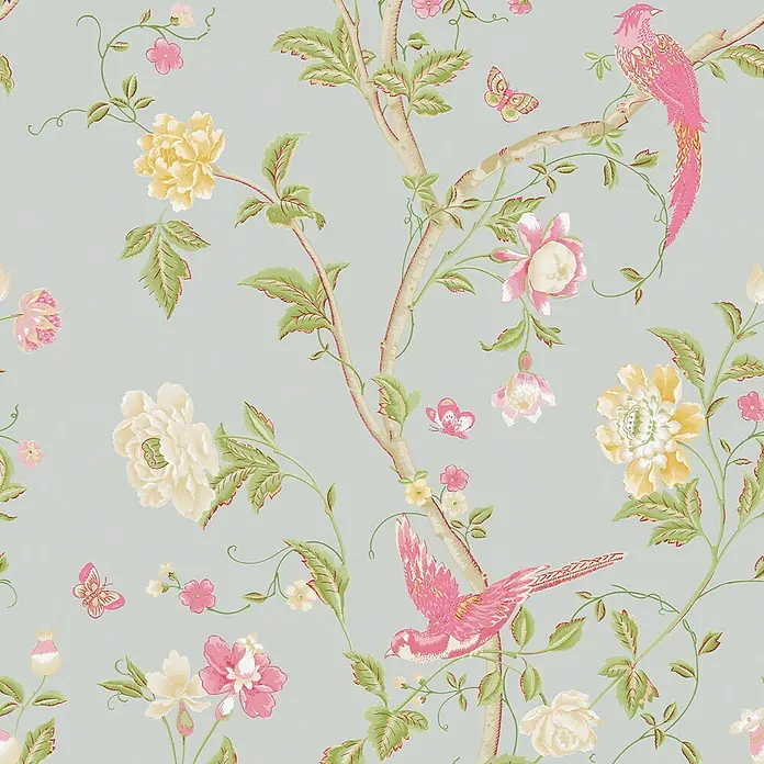 Laura Ashley Vliestapete Vliestapete Sommerpalast - Blau, Floral, 10 x 0,52 m - Hellblau-graues Chinoiserie-Muster mit rosa Vögeln, Schmetterlingen und Blüten auf Ästen.