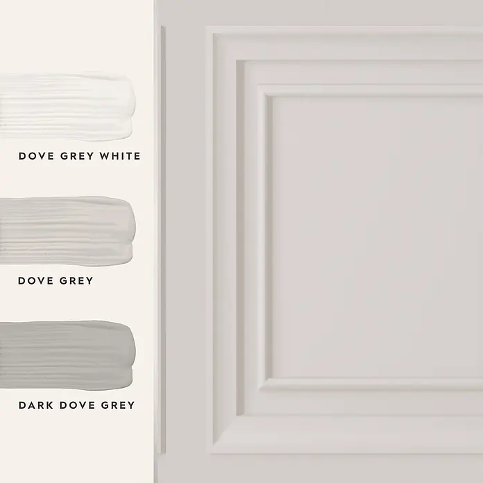 Laura Ashley Vliestapete Vliestapete Redbrook Holzplatte - Hellgrau, Holzoptik - Drei Farbmuster – Dove Grey White, Dove Grey, Dark Dove Grey – neben einer hellgrauen getäfelten Wand, die Grautöne zeigen.