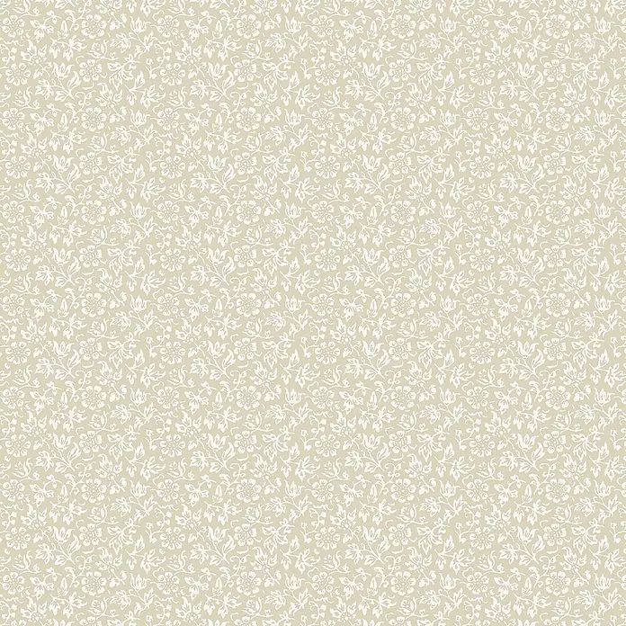 Laura Ashley Vliestapete Süßes Alyssum - Naturbelassen, Floral, 1.000 x 52 cm - Kleines weißes Blumenmuster auf hellbeigem Hintergrund.