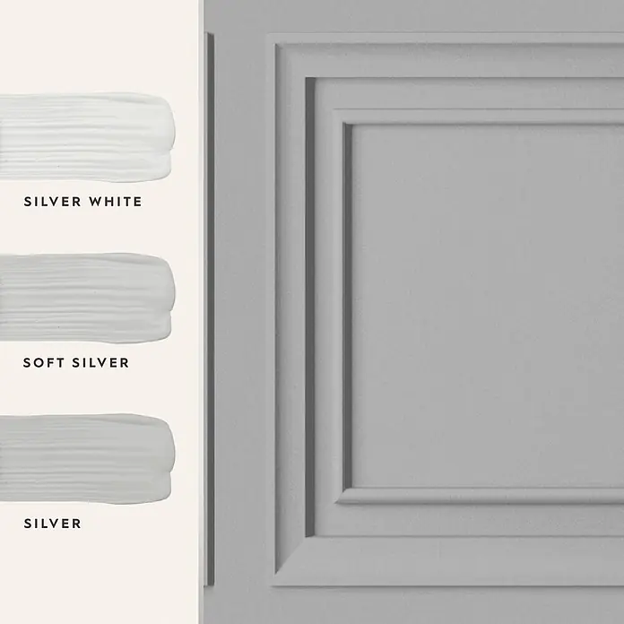 Laura Ashley Vliestapete Vliestapete Redbrook Holzplatte - Silber, Holzoptik - Drei silberfarbene Farbmuster: Silver White, Soft Silver, Silver, neben einer grauen Paneelwand mit Zierleisten.