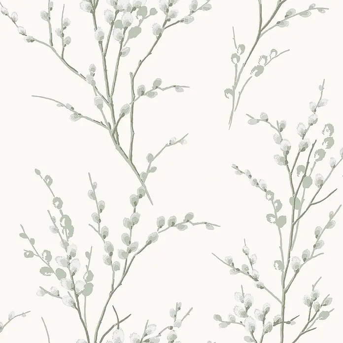 Laura Ashley Vliestapete Weidenkätzchen - Grün, Floral, 1.000 x 52 cm - Weidenkätzchen-Muster mit hellgrauen, flaumigen Kätzchen und grüngrauen Stielen.