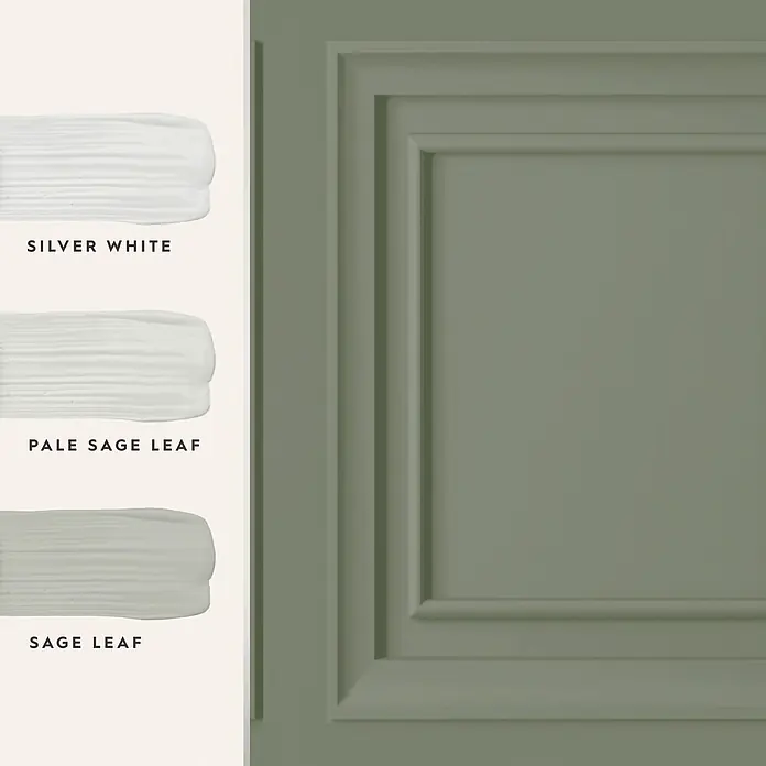 Laura Ashley Vliestapete Vliestapete Redbrook Holzplatte - Salbeigrün, Holzoptik - Drei Farbmuster: Silberweiß, Blasses Salbeiblatt und Salbeiblatt, neben einer salbeigrünen Paneelwand.