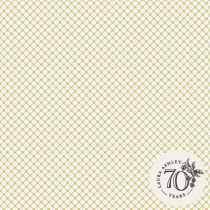 Laura Ashley Vliestapete Flechtwerk - Gelb/Ocker, Ornament, 1.000 x 52 cm - Nahtloses goldgelbes geometrisches Muster mit Rauten, Sternen und Punkten, mit "Laura Ashley 70 Years" Logo.