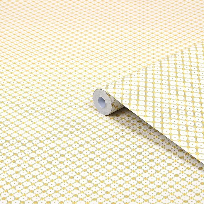 Laura Ashley Vliestapete Flechtwerk - Gelb/Ocker, Ornament, 1.000 x 52 cm - Weiße Tapete mit goldenem geometrischem Muster aus kleinen Punkten und sternförmigen Motiven.