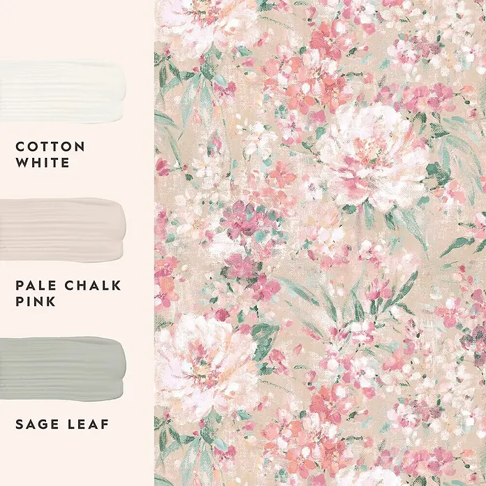 Laura Ashley Vliestapete Gemalte Blumen - Rosa, Floral, 1.000 x 52 cm - Drei Farbproben: Baumwollweiß, Blassrosa, Salbeigrün, neben einem passenden Blumenmuster.